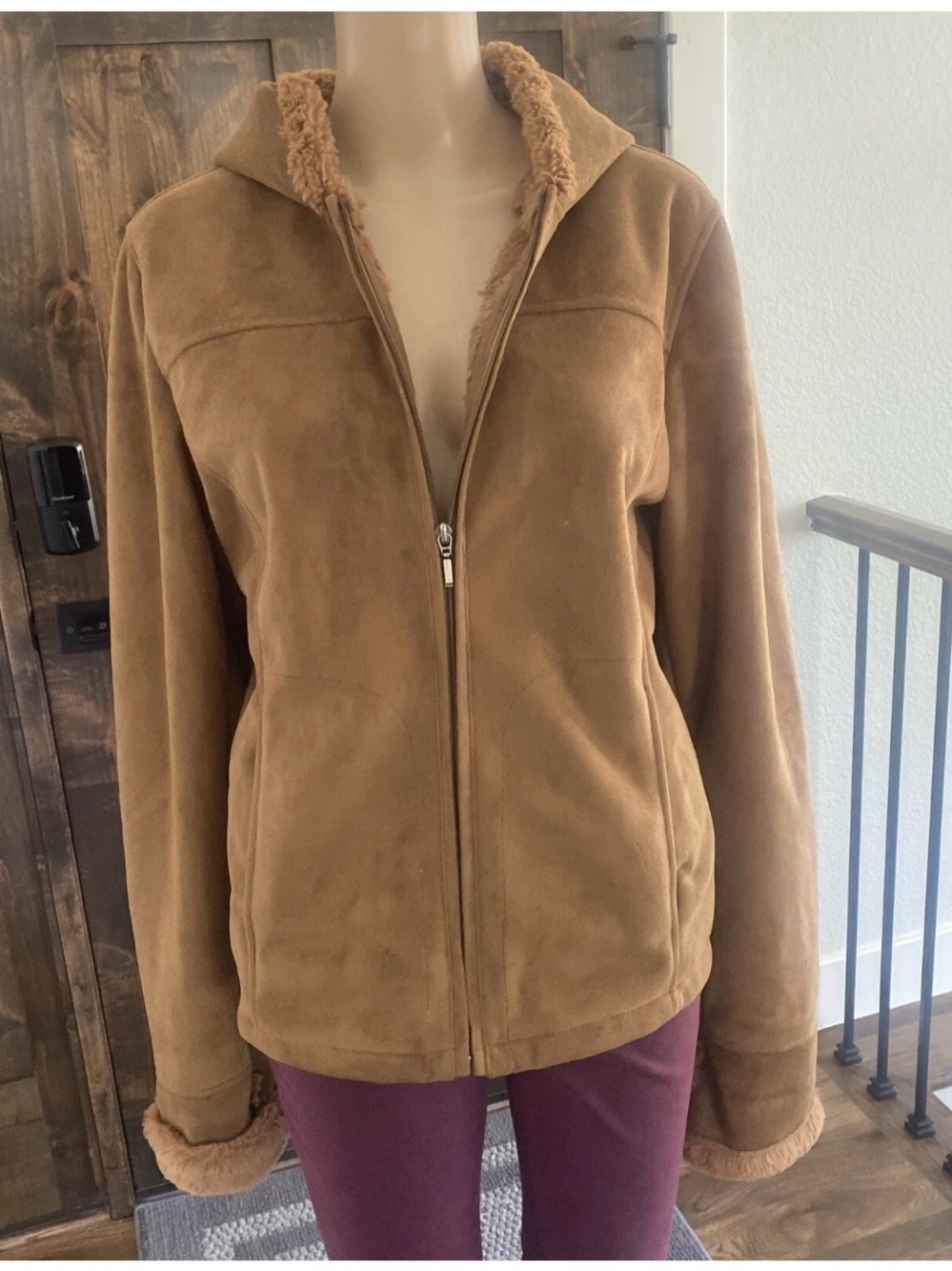 Utex Size Large Faux-Suede Teddy Jacket with Shearling Trim - Brown